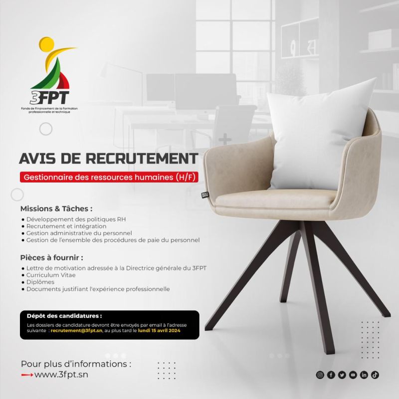 Avis de recrutement : Le 3FPT recrute un Gestionnaire des ressources humaines (H/F).